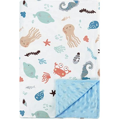 POSENPRO Baby Blanket for Boys Girls, Soft Plush Minky Baby Blanket with Dotted Backing, Lovely Ocean Animals Double Layer Toddler Receiving Blanket Throw for Stroller & Crib, 30 x 40 Inches