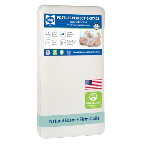 Sealy Baby Posture Perfect Breathable Crib Mattress, GREENGUARD Gold Certified, Made in USA, 2 Stage Hybrid Memory Foam & 150 Premium Coils, Toddler Bed Fit, Safety & Quality Tested, 52x28"