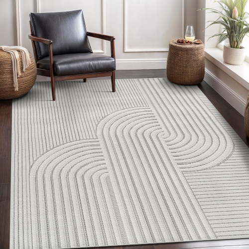 CAMILSON Micro Loop High-Low Pile Stain Resistant Indoor Area Rugs Swirls-White 6x9