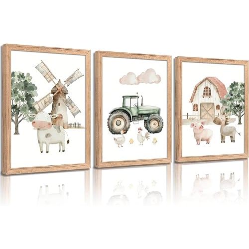 CXYWDHV Farm Animals Framed Wall Art, Cute Cows Chickens Horses and Pigs Canvas Prints, Country Farmhouse Nursery Wall Decor, for Nursery Kids Baby Room Playroom 12x16inch Solid Wood Frame