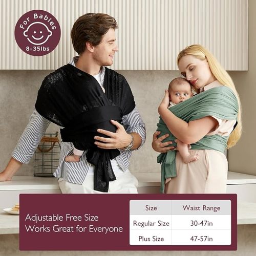 Momcozy Adjustable Buckle Baby Wrap Carrier Cooling Air-Mesh, Easy to Wear Baby Carrier Sling, Baby Carriers Newborn to Toddler 8-35lbs, Suit for Waist 30-47inch, Regular Grey Green