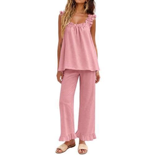 Marvmys Womens Pajamas Set 2 Piece Ruffle Pj Set Cute Pajamas Sexy Tank Top and Long Pants Bridal Loungewear Set S-2XL