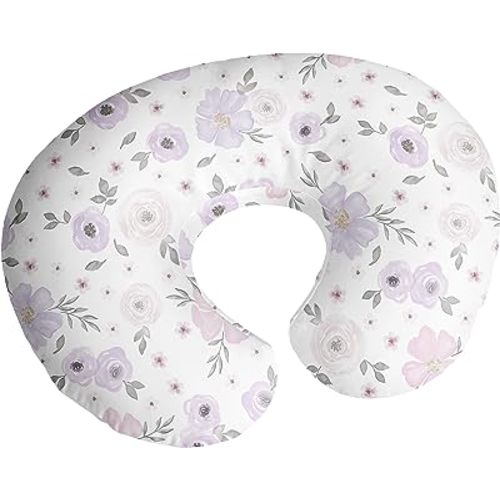 Sweet Jojo Designs Watercolor Floral Nursing Pillow Cover Breastfeeding Pillowcase for Newborn Infant Bottle Breast Feeding Pillow NOT Included Lavender Purple Pink Grey Boho Shabby Chic Rose Flower