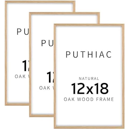 puthiac 12x18 Solid Oak Wood Picture Frame, Fits 8x12 with Mat or 12x18 Without Mat, Wall Display Only, Vertical or Horizontal, Plexi Front, 3 Pack, Natural Oak