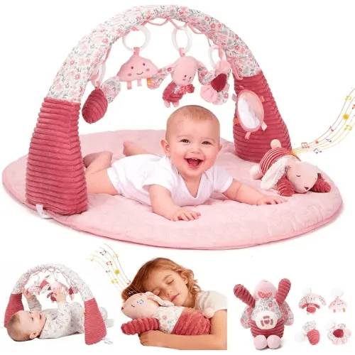 Baby Play Gym with Activity Mat, Sandbag Tummy Time Play Mat for Babies 0-6 Months & 6-12 Months, Pink Infant Play Gym with Toys for Newborn Development, Portable Baby Activity Gym Mat