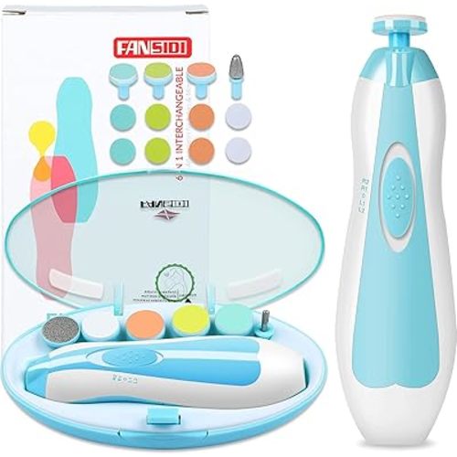 Fansidi Upgraded Baby Nail Trimmer Electric | Easy & Safe Baby Nail File, Precise 4-Stage Gentle Nail Buffer + Nail Clippers for Newborn to Toddler, with 18 Grinding Heads & Soft LED Light, Blue