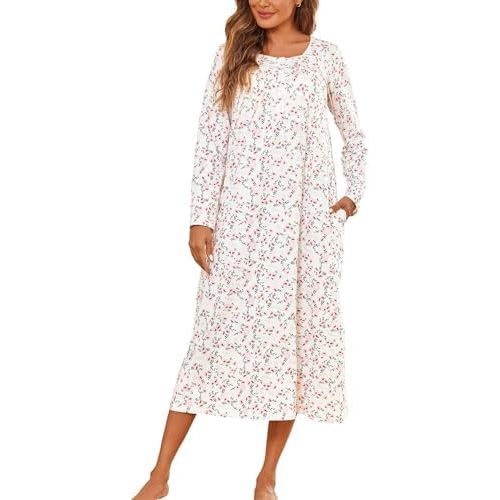 Ekouaer Womens Long Sleeve Nightgowns Long Sleep Shirts Henley Night Shirts Full Length Nightgown