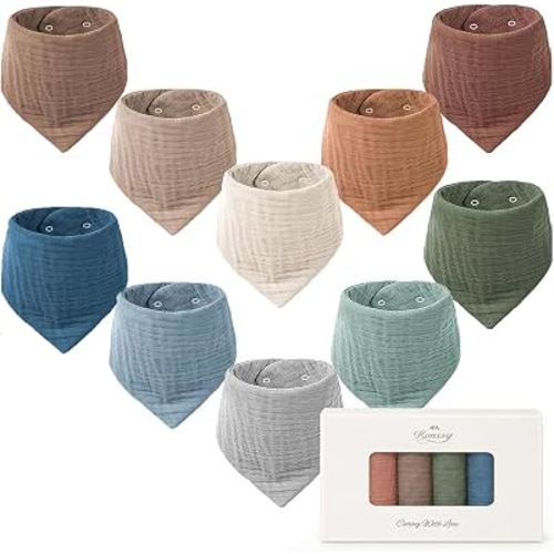 Konssy 10 Pack Baby Muslin Bandana Bibs for Drooling and Teething | 100% Cotton, 6-Layer Bibs, Pre-Washed Soft & Absorbent, Adjustable Neck Fit, Boys & Girls 0-36M