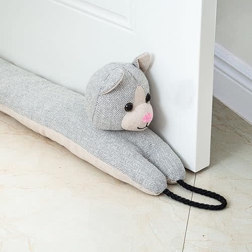 Marwood Under Door Draft Stopper Decorative Wind Stopper 30 inch for Door & Window, Weighted Animal Air Draft Stopper Snake Noise Blocker for Bottom of Door with Hanging Loops - Grey Cat