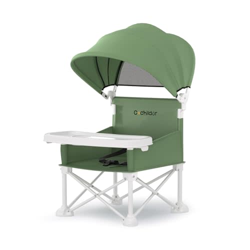 Cochildor 4-in-1 Portable Baby Chair, Foldable Toddler Booster Seat with Removable Tray, Canopy & Safety Harness, Green