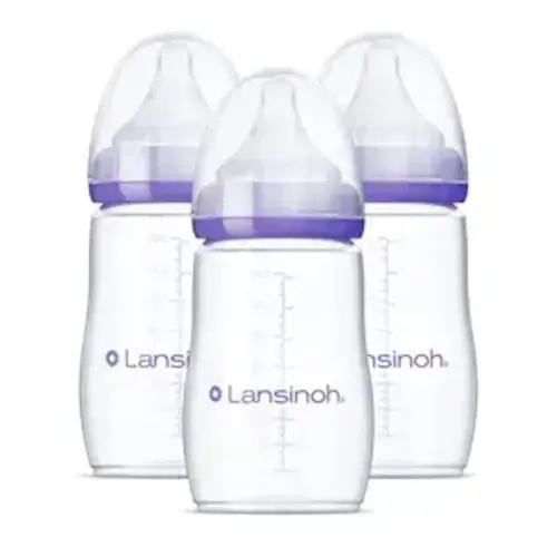 Lansinoh Anti-Colic Baby Bottles, BPA-Free Plastic, 8 Ounces, 3 Count, Medium Flow Nipples (Size M), Breastfeeding Bottle with NaturalWave Design, Baby Essentials