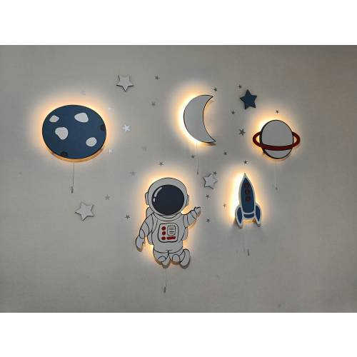 Space Themed Nursery Night Lights, Wooden Nursery Wall Art, Set of 5 Wall Light Set, Space Art, Astronaut Wall Light, Spaceship