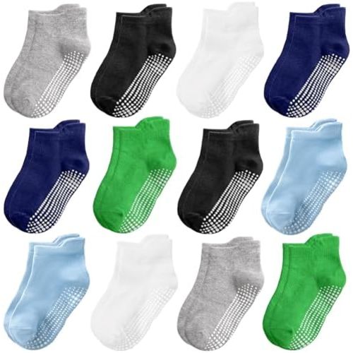 Non Slip Toddler Socks 12 Pairs Kids Grip Sock for Boys Girls Baby Ankle Socks with Gripper for 0-7 Year Children