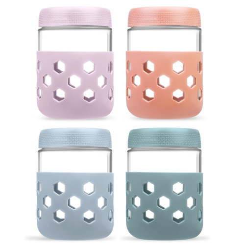 Mrsdry 4-Pack Overnight Oats Containers with Lids and Protective Silicone Sleeve, 16 oz Glass Chia Pudding Jars with Airtight Lid, Mason Salad Meal Prep Jars for Yogurt Oatmeal