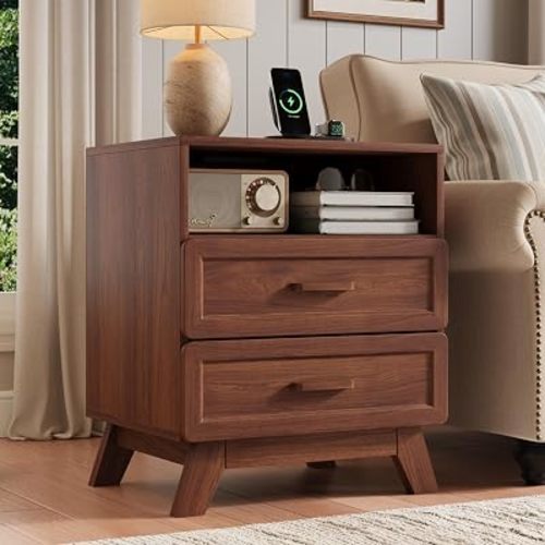 YANSNWO Walnut Nightstand with Charging Station, 23.6" Tall Bedside Table