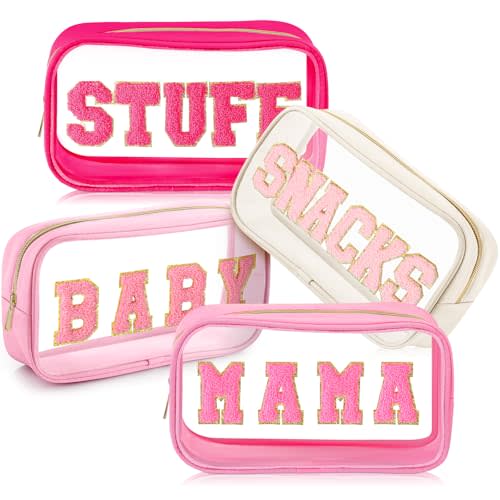 4 Pcs Mama and Baby Toiletry Bag Diaper pouch, Bright Color | Clear Chenille Letter Bag Makeup Stuff Diaper Pouch Snacks Travel Preppy Transparent Pouch with Zipper for Women Gift