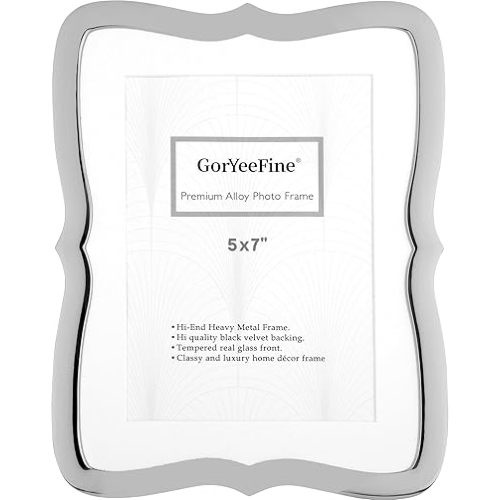 5x7'' Luxury Silver Plated Zinc Alloy Picture Frame,6.5x8.5'' Frame with Acid-Free Mat for 5x7'',Vintage Scalloped Design,Hi End Classy Heavy Weight Frame,Velvet Backing,Tabletop Display or Wall Mount