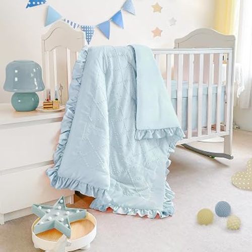Baby Crib Bedding Set for Girls, 3 Piece Boho Crib Comforter Set Ruffle, Baby Boy Crib Bedding Set Nursery Blanket Set Neutral Include Quilted Comforter, Crib Skirt and Sheet, Blue