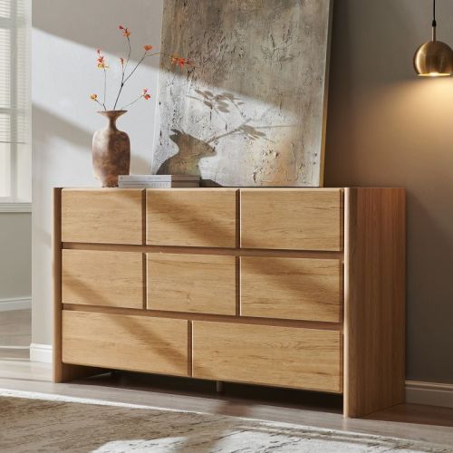 8 Drawers Dresser with Rounded Corner, Modern Wood Wide Chests of Drawers with Handleless, Natural