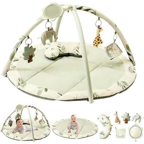Fortella Baby Play Gym & Activity Mat, Tummy Time Mat w 5 Detachable Toys and Pillow, Large Sensory Playmat for Floor, Newborn Infant Baby Essentials Shower Gift 0-3-6-9-12 Months (Sage Green)