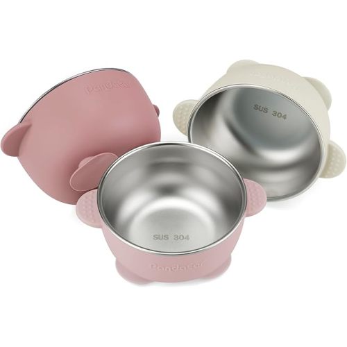 PandaEar 3 Pack Stainless Steel Baby Suction Bowls, Non-Slip Child Food Bowl with Silicone Sleeve for Kids Toddlers Infants, Unbreakable & Mess Free (Pink)