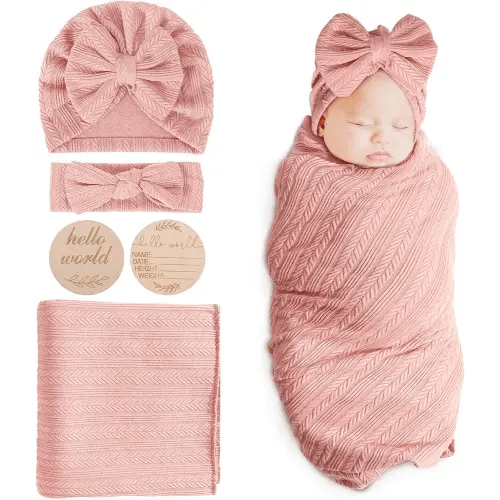 BQUBO Baby Swaddle Blankets for Girls, 4PCS Newborn Accessories Set with Matching Hat and Bow Headband with Hello World Wooden Birth Announcement Card, Baby Blankets for Girls (Pink)