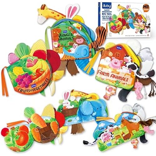 auby Baby Cloth Books - 3 Pack Soft Fabric Books for Babies with Crinkle Sound, Tactile Tails & Montessori Toys, Machine Washable