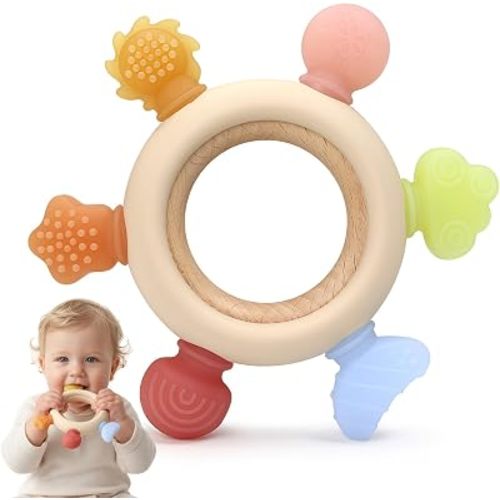 Baby Teething Toys - Six-Finger Teether Ring for Infants,0-6 Months & Toddlers 1-3 Years, Food-Grade Silicone and Wooden Baby Teether (Transparent)