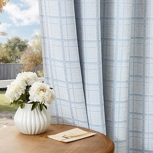 Beauoop Cortinas opacas de jacquard a cuadros azules de 84 pulgadas de largo, 2 paneles para dormitorio, sala de estar, oscurecimiento de la habitación, aislamiento térmico, cortinas de tratamiento de