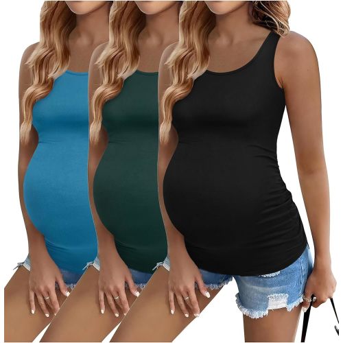 Ekouaer 3 Pack Women Maternity Tank Tops Ruch Side Basic Shirts Summer Postpartum Tops Sleeveless Pregnancy Workout Clothes