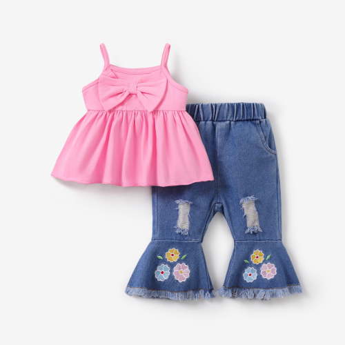 PatPat 2pcs Baby Girl Clothes Pink Cami Top and Denim Jeans Set, 9-12 Months