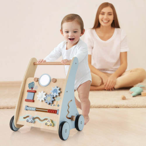 COSTWAY Wooden Baby Push and Pull Walker With Multi-Activity Learning Center