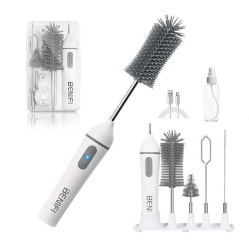 Travelling Electric Bottle Brush Set, Baby Bottle Brush Set, Long Handle Bottle Brush, BPA Free Silicon Bottle Brush, Storage Stand, Milk Mixer, Egg Whisk Included (Gray, Normal)
