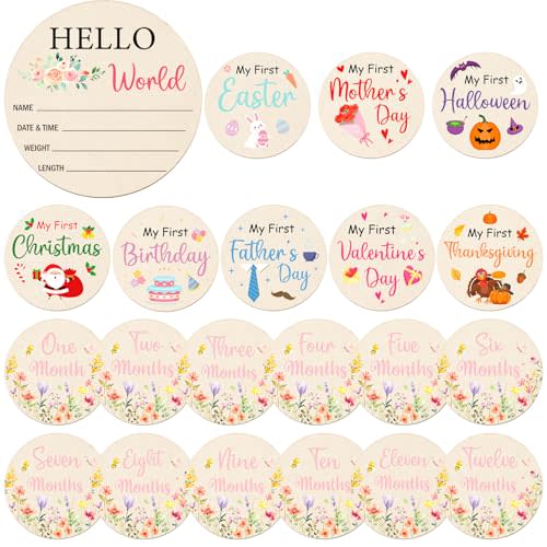 Wildflower Monthly Baby Milestone Signs, 11PCS Wooden My First Holiday Milestone Cards Newborn Halloween Christmas Gift, Baby Announcement and Hello World Newborn Sign