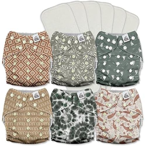 Mama Koala 3.0 Pocket Cloth Diapers for Babies with AWJ Lining, 6 Pack with 6 5-Layer Natural Cloth Diaper Inserts - Reusable and Washable Pocket Diapers(A-Calm Spring)