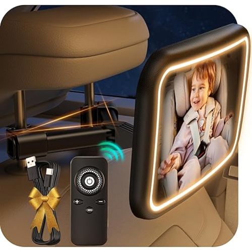 Baby Car Mirror With Light for Baby Rechargeable 2000mA Baby Mirror for Car Seat Rear Facing Hook Clip Design Car Seat Mirror for Baby Rear Facing Crystal Clear ShatterProof With Remote 10ft Cable