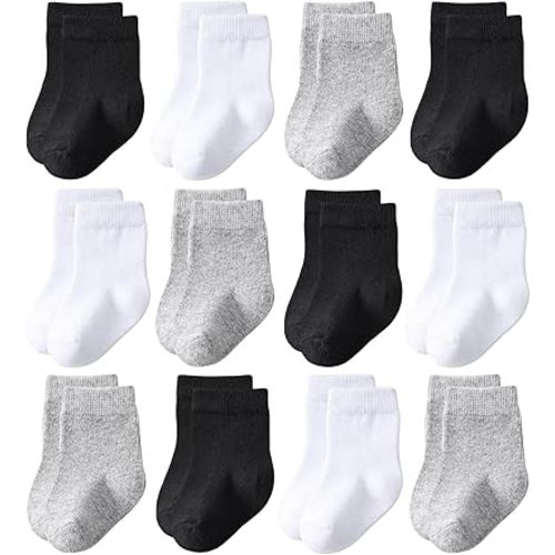 Baby Crew Socks 12-Pack,Newborn Baby Boys Girls Socks 0-3/3-6 Months,No Polyester,Soft Skin-Friendly,Combed Cotton