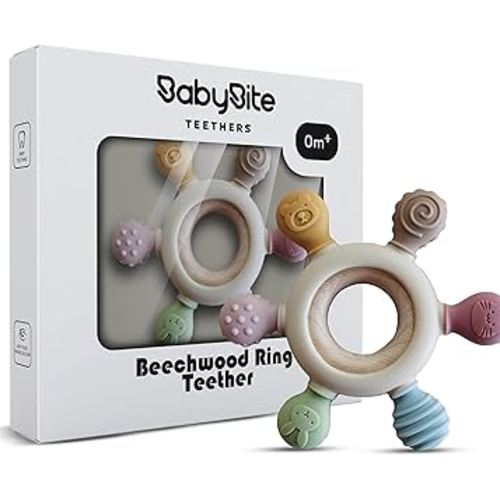 [BabyBite] Teethers Silicone and Beechwood Animal Teether for Sensory and Developmental Play for Baby and Toddler 100% BPA Free Food Grade Silicone, Beige