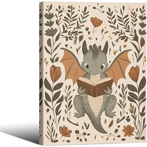 Cute Baby Dragon Canvas Wall Art Reading Poster Whimsical Folk Framed Art Prints Dragon Picture Painting for Nursery Kids Room Library Classroom Reading Nook Bookish Decor 11x14inch