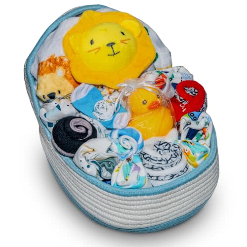 Bassinet New Baby Boy Gift Set, Baby Layette Set with 17-Piece Unique New Baby Essentials for Expecting Moms and New Parents, Blue - Nikki’s Gift Baskets
