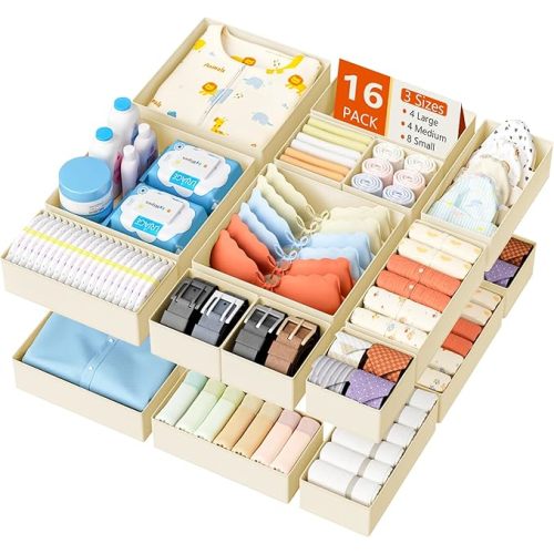 DIMJ Drawer Organizer Clothes, 26 Pack Dresser Organizer, Foldable Closet Organizers and Storage, Fabric Dresser Bins, Drawer Dividers for Nursery, Baby Clothes, Underwears, Sock,Beige