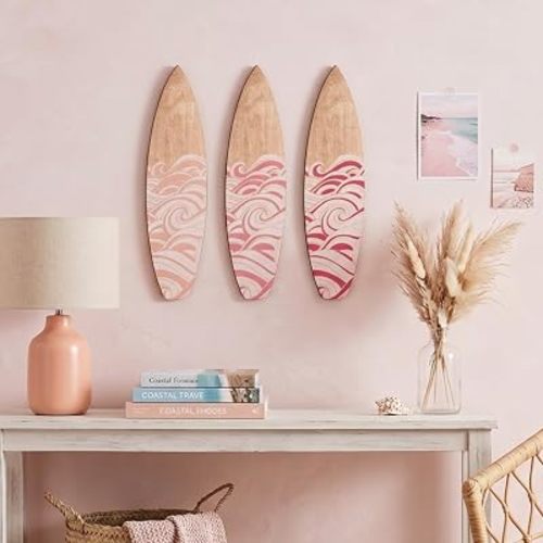 RattanView 3 Pcs Pink Surfboard Wall Decor 11.8" x 3.4" Surfboard Wooden Wave Beach Summer Wall Art Set Wood Lhanging Sign for Tropical Bedroom Living Room Decoration