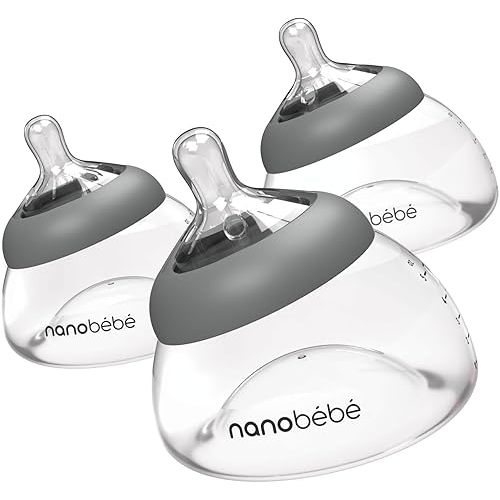 Nanobebe Breastmilk Baby Bottle 3 Pack 5oz Grey Preserves Breastmilk Nutrients Anti Colic Triple Vented Nipple Fast Heating Breast Shaped Bottle for Easy Transition BPA Free