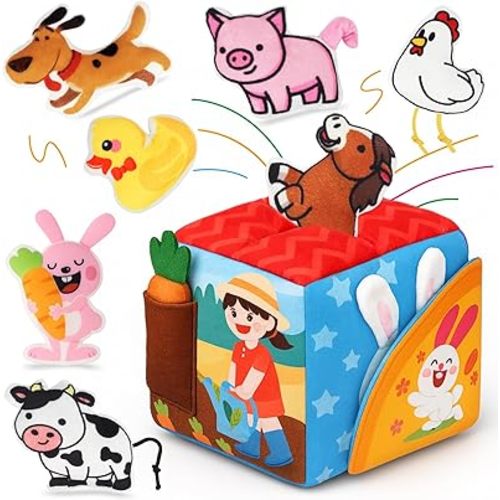 Baby Toys 6-12 Months - Soft Sensory Box Infant Toy with Stuffed Animals, Rattle, Crinkle Paper, Mirror - 6 Month Old Must Haves Boy Girl Babies Birthday Christmas Gifts for 1 Year Old Learning Toys