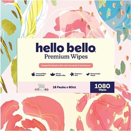 Hello Bello Premium Wipes, Designed for Sensitive Skin with Chamomile & Aloe Extracts, Rosy Posy (18 Resealable Packets = 1080 Total Wipes)