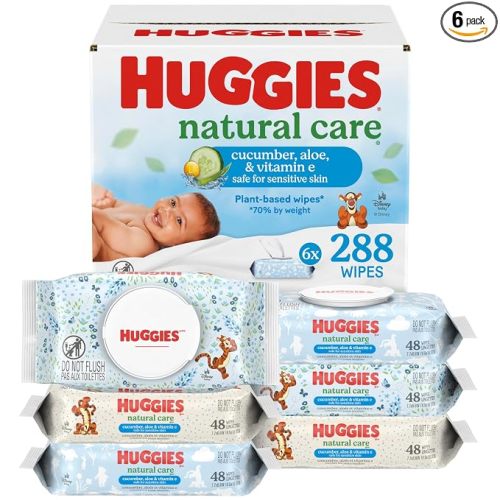 Huggies Natural Care Cucumber, Aloe and Vitamin E Baby Wipes, Hypoallergenic, Scented, 6 Flip-Top Packs (288 Wipes Total), Packaging May Vary