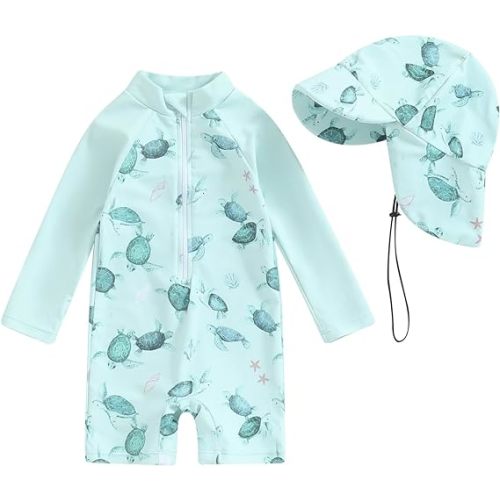 Toddler Infant Baby Boys Swimsuit Kids Rash Guard One Piece Newborn Zipper Bathing Suit Swimwear with Hat