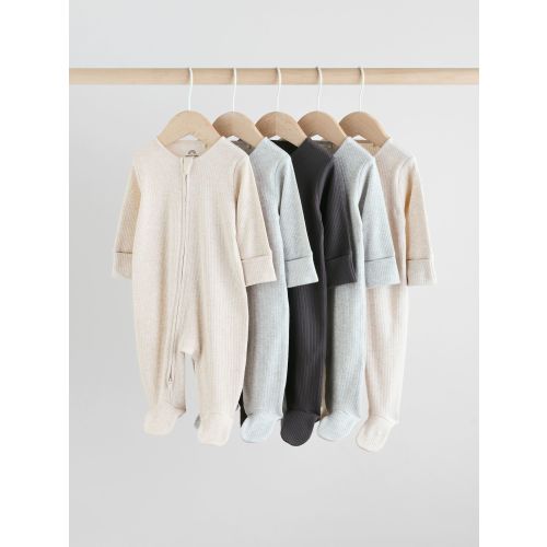 Neutral 5 Pack Two Way Zip Footed Baby Sleepsuits (0-2yrs)