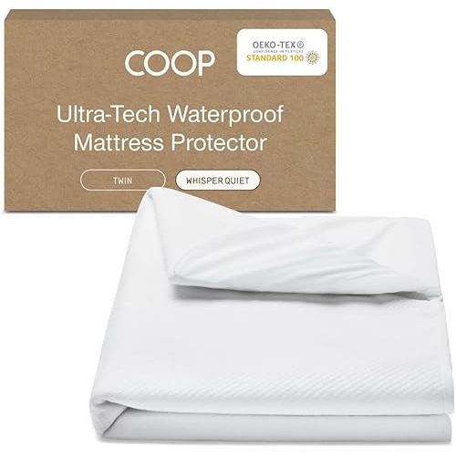 Coop Home Goods Ultra-Tech Waterproof Mattress Protector Twin, Smooth Top Mattress Pad, Waterproof Cover, Up to 18 Inches Deep, Machine Washable, Noiseless Comfort, Twin (39x75)