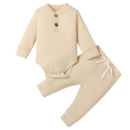 Ulanda Baby Boy Girl Clothes Ribbed Knitted Cotton Long Sleeve Romper Long Pants Solid Color Fall Winter Outfits (Beige, 0-3 Months)